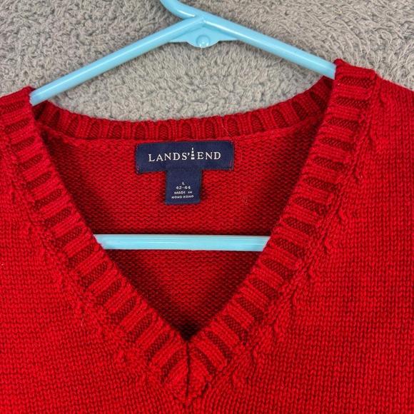 Lands End Sweater Vest Mens Large Red Cotton V Neck Knit Pullover Solid Classic - Picture 2 of 8
